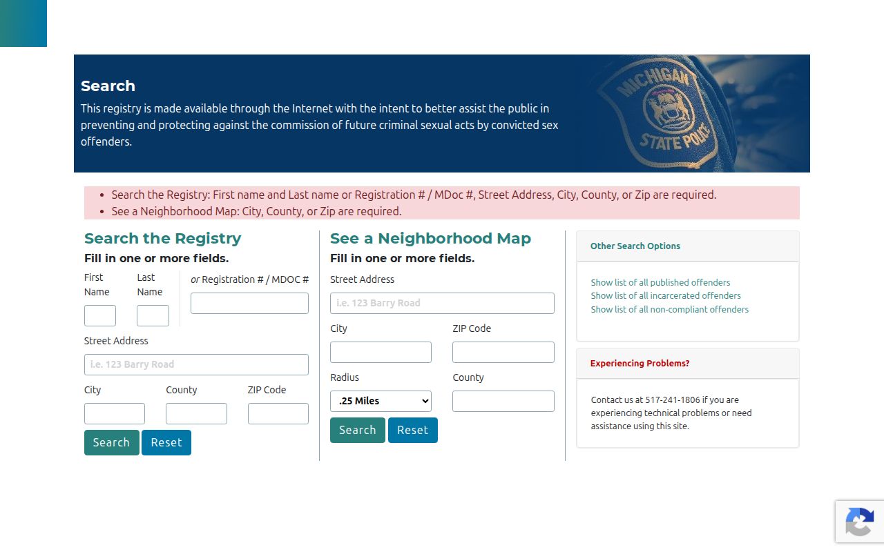 Jackson resident lookup using the Michigan public sex offender registry search